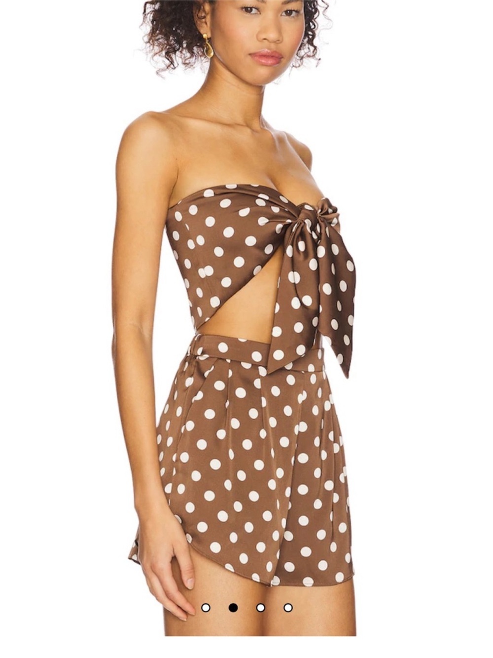 REVOLVE Brown and White Polka Dot Tie-Front Strapless Romper